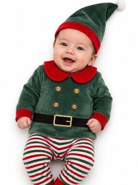 George Elf 3 Piece Set, Red Peter Pan Collar, Festive Christmas Unisex Sz 0-3 Mo